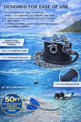 SandShark 50ft x 1/4in Solid Braid Anchor Line, 4ft Stainless Steel Anchor Chain, All in One line and Chain Bundle, Works with All Anchors and Boats.