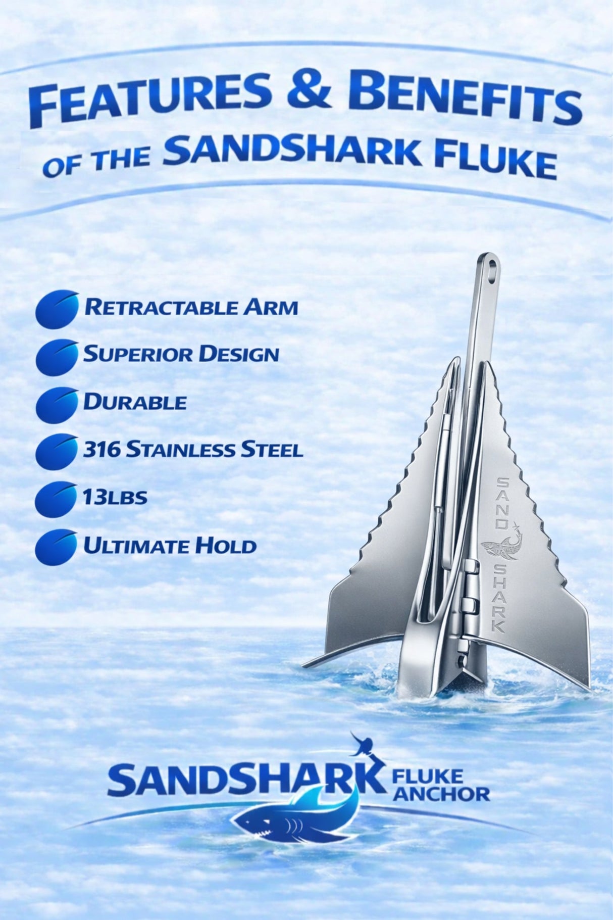 Ancla de garfio SandShark Premium de acero inoxidable, eje retráctil, fácil almacenamiento, ancla de aluminio para pontones, embarcaciones de hasta 10,6 metros. Ancla de arena para barco, ancla para barco. 5,9 kg.