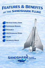 Ancla de garfio SandShark Premium de acero inoxidable, eje retráctil, fácil almacenamiento, ancla de aluminio para pontones, embarcaciones de hasta 10,6 metros. Ancla de arena para barco, ancla para barco. 5,9 kg.