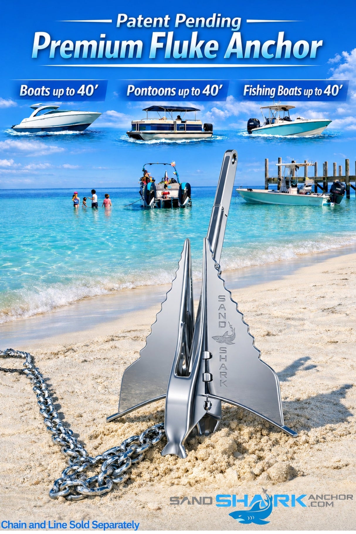 Ancla de garfio SandShark Premium de acero inoxidable, eje retráctil, fácil almacenamiento, ancla de aluminio para pontones, embarcaciones de hasta 10,6 metros. Ancla de arena para barco, ancla para barco. 5,9 kg.