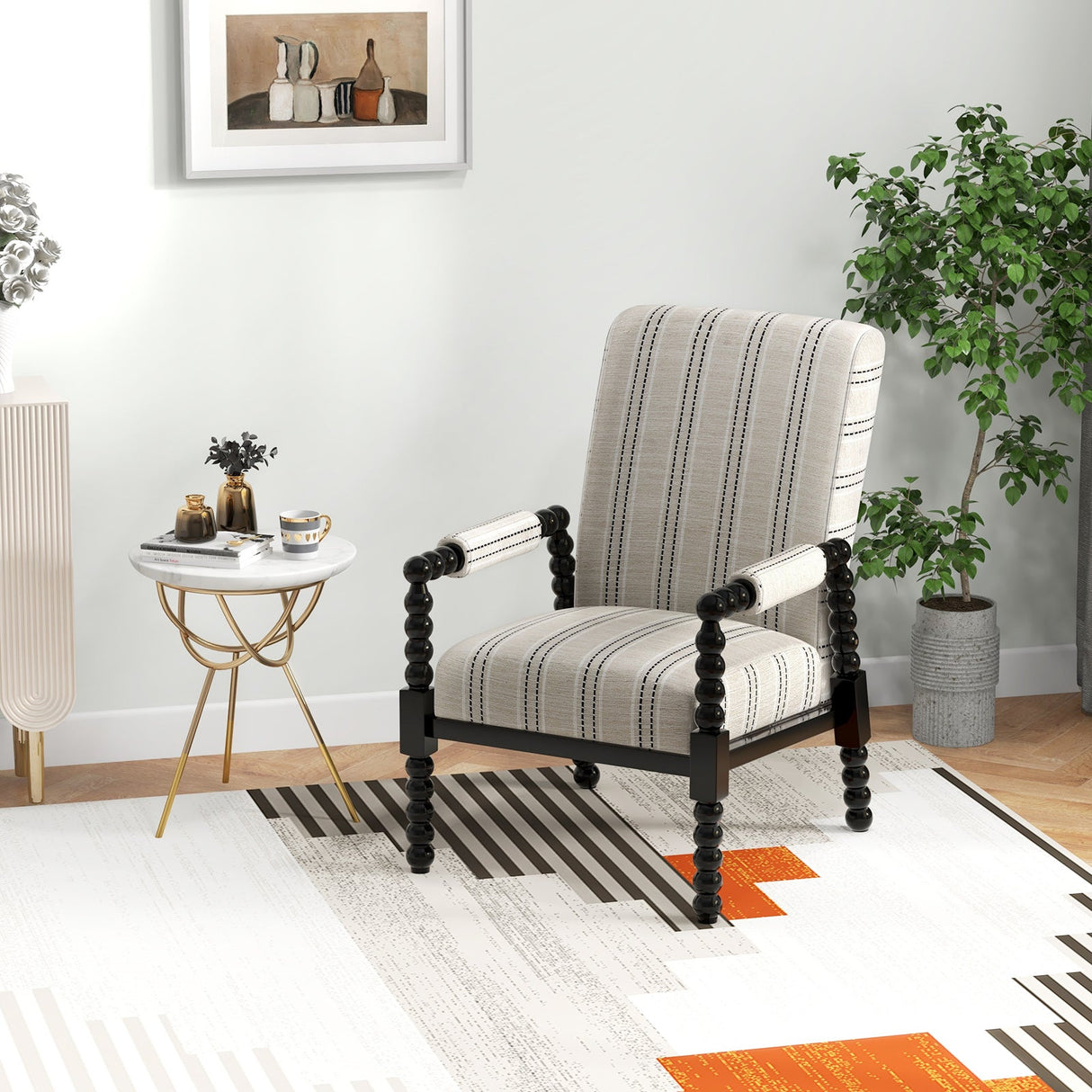 Sillón tapizado con estructura de madera de caucho para sala de estar - Beige
