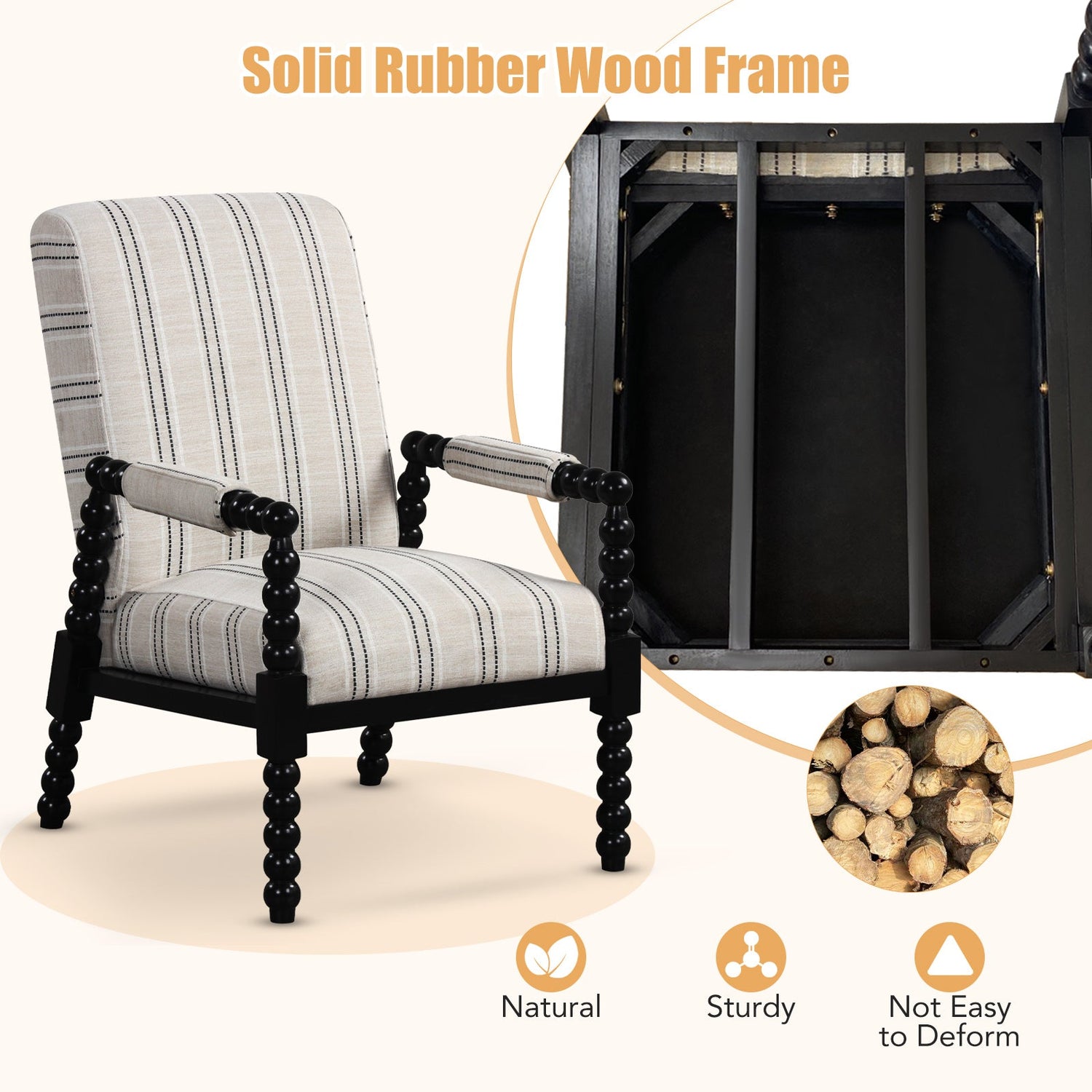 Sillón tapizado con estructura de madera de caucho para sala de estar - Beige