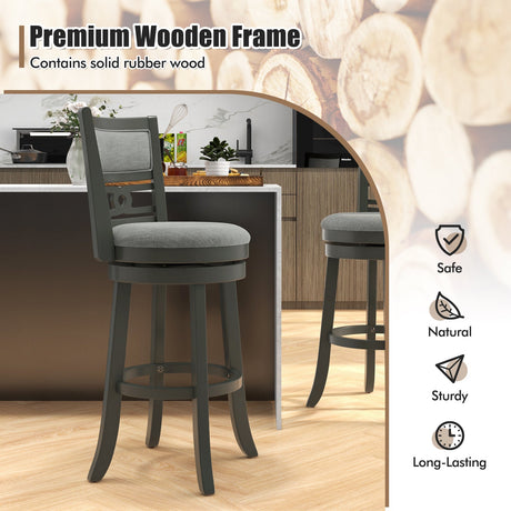 Silla de bar de 26" de altura de mostrador con estructura de madera, asiento giratorio y reposapiés para bares, pubs y restaurantes