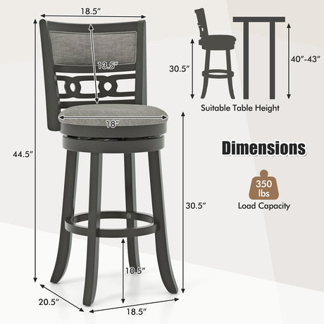 Silla de bar de 26" de altura de mostrador con estructura de madera, asiento giratorio y reposapiés para bares, pubs y restaurantes