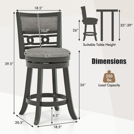Silla de bar de 26 pulgadas de altura de mostrador con asiento giratorio de madera y reposapiés para bares y restaurantes