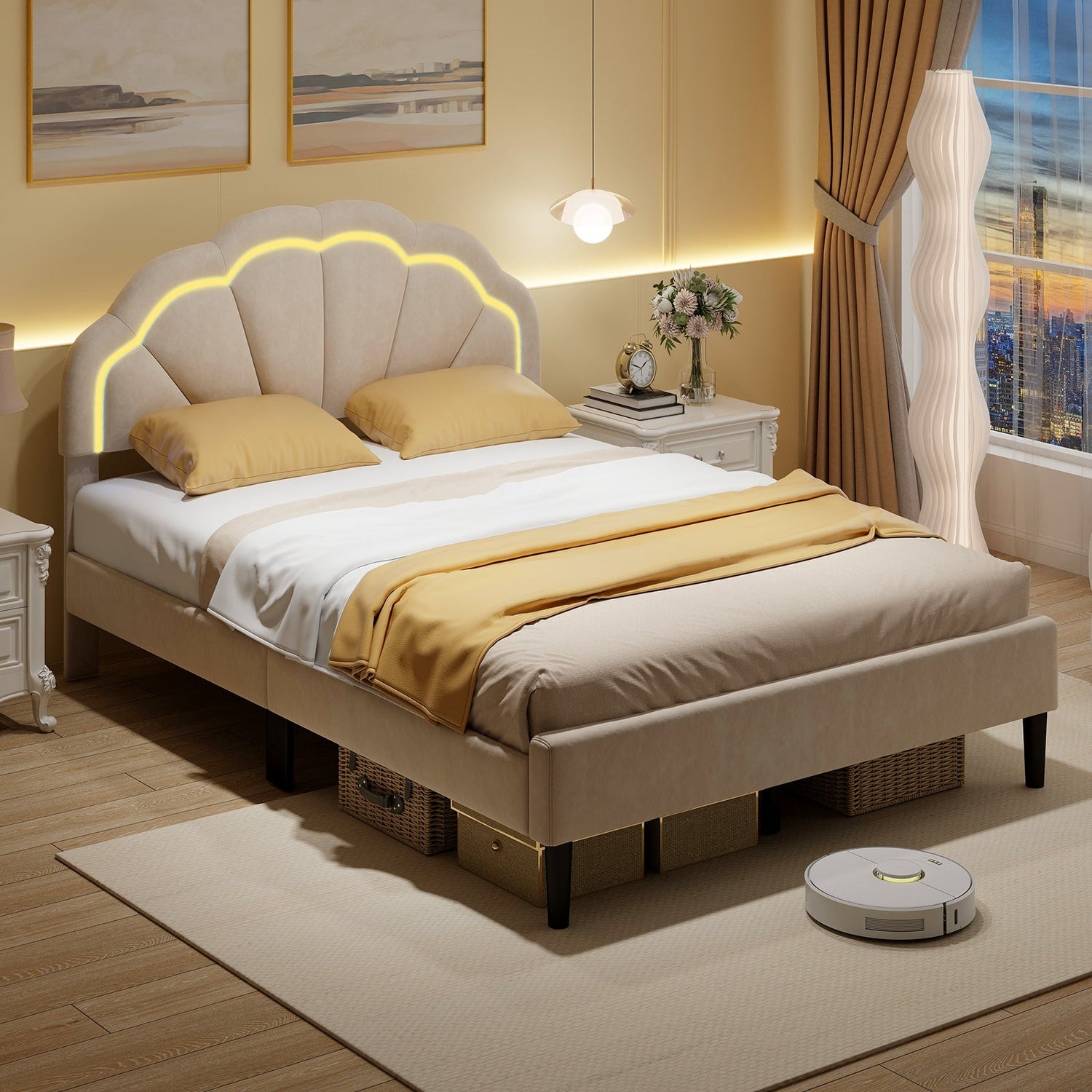 Estructura de cama LED tapizada con cabecero floral ajustable y patas de soporte metálicas - Tamaño matrimonial
