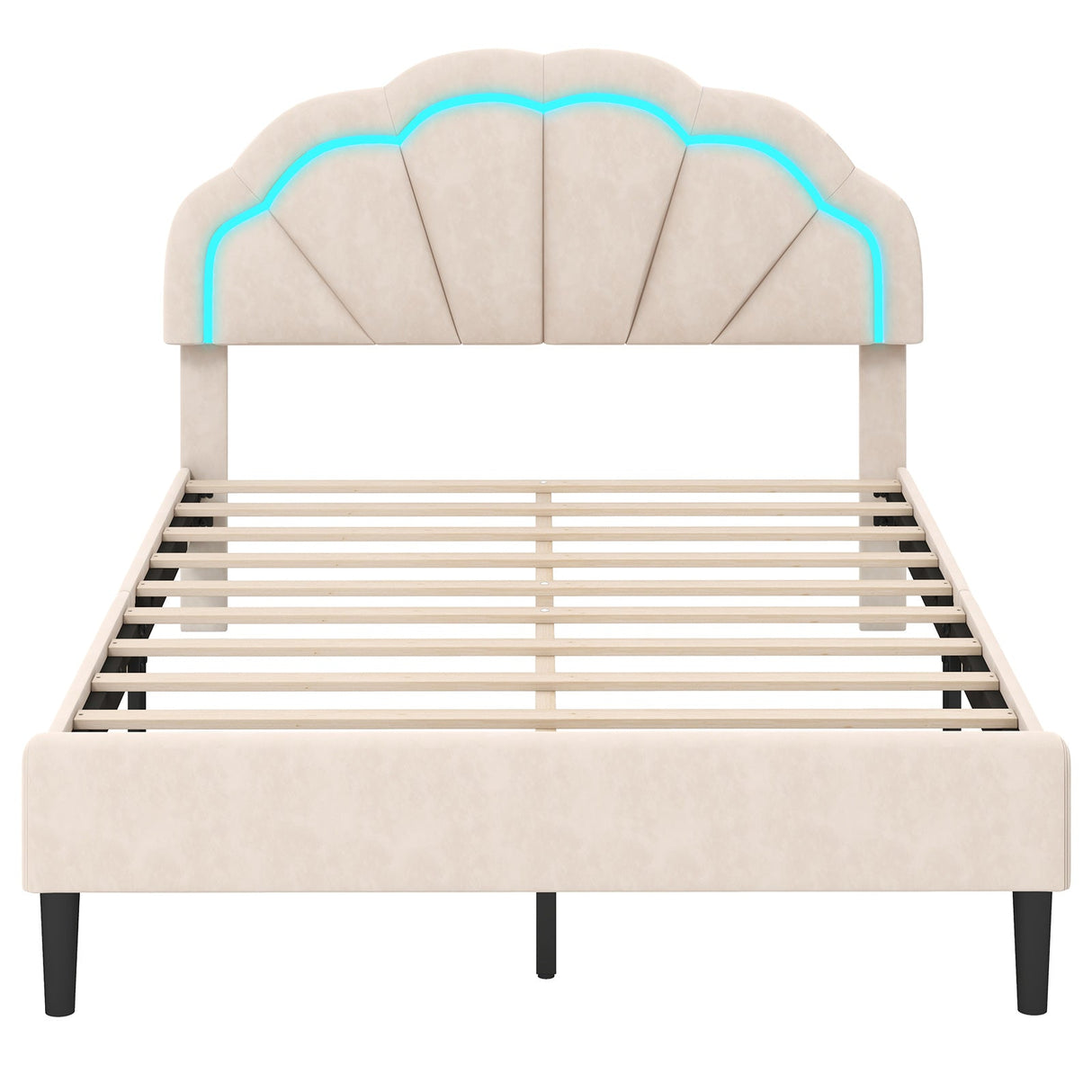 Estructura de cama LED tapizada con cabecero floral ajustable y patas de soporte metálicas - Tamaño matrimonial