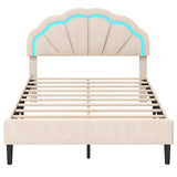Estructura de cama LED tapizada con cabecero floral ajustable y patas de soporte metálicas - Tamaño matrimonial
