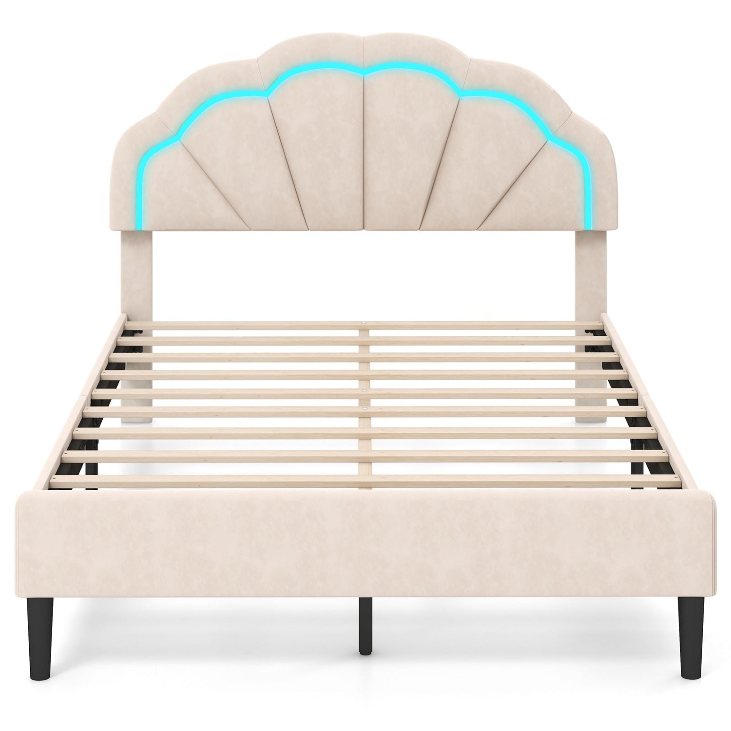 Estructura de cama LED tapizada con cabecero floral ajustable y patas de soporte metálicas - Tamaño matrimonial