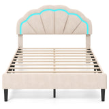 Estructura de cama LED tapizada con cabecero floral ajustable y patas de soporte metálicas - Tamaño matrimonial