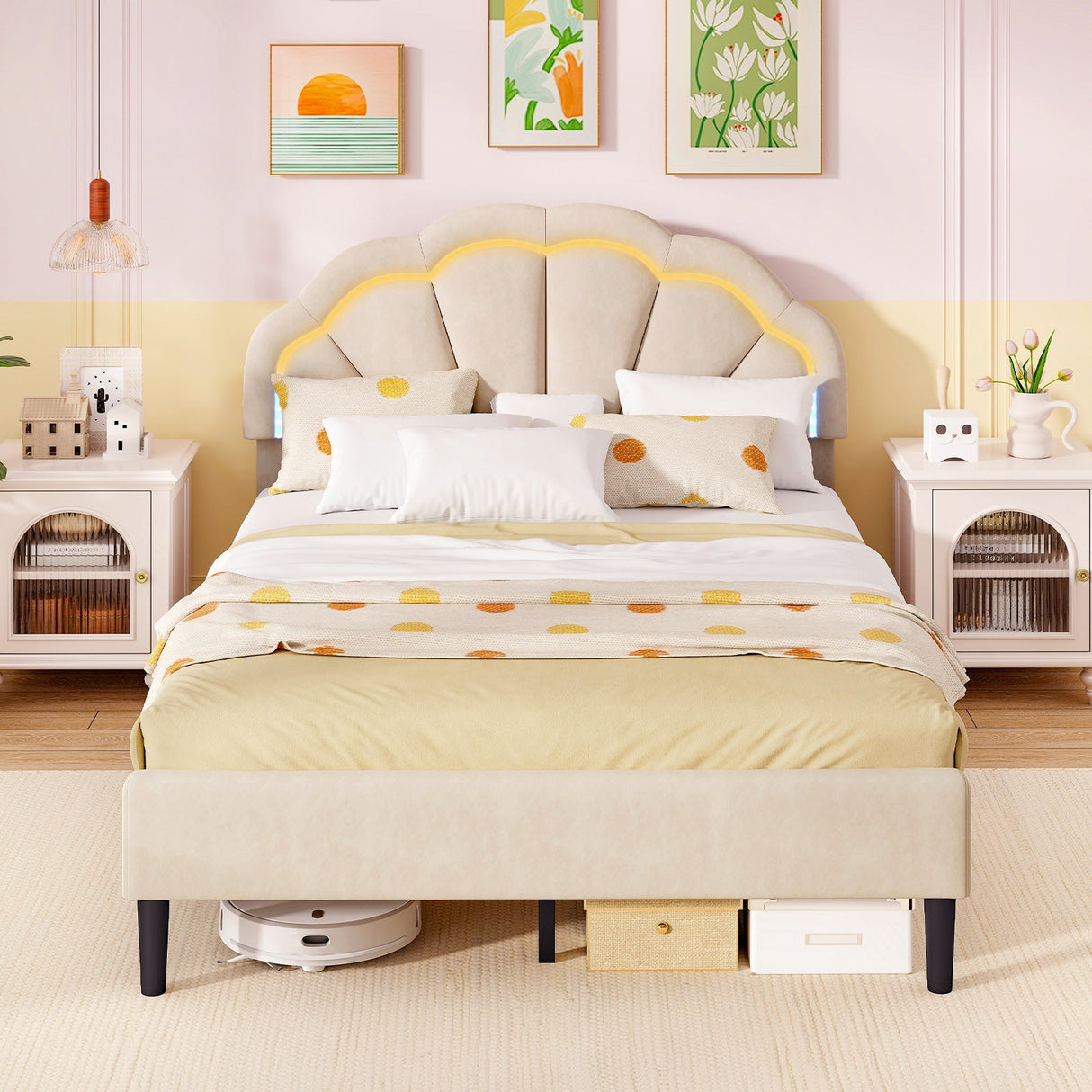 Estructura de cama LED tapizada con cabecero floral ajustable y patas de soporte metálicas - Tamaño matrimonial