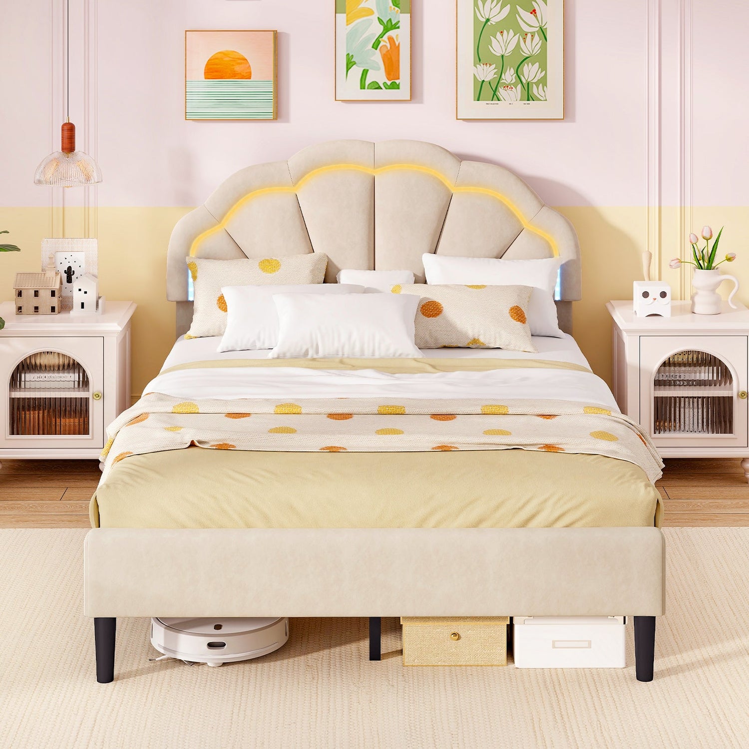 Estructura de cama LED tapizada con cabecero floral ajustable y patas de soporte metálicas - Tamaño matrimonial