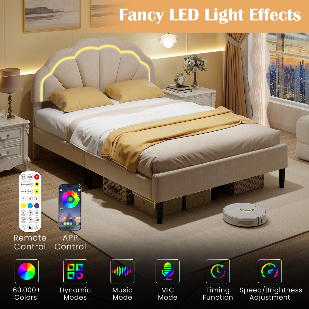 Estructura de cama LED tapizada con cabecero floral ajustable y patas de soporte metálicas - Tamaño matrimonial