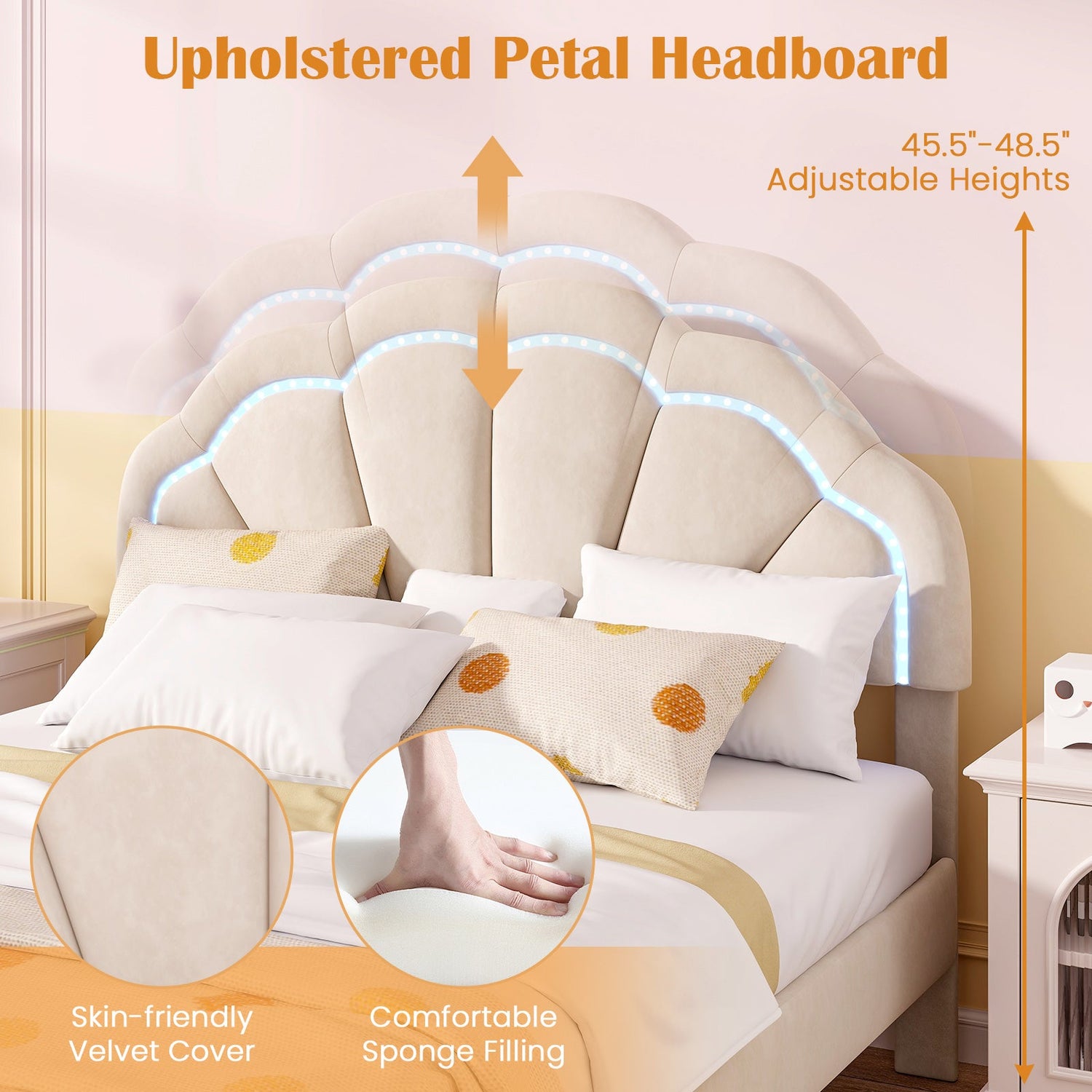 Estructura de cama LED tapizada con cabecero floral ajustable y patas de soporte metálicas - Tamaño matrimonial