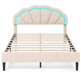 Upholstered LED Bed Frame with Adjustable Flower Headboard and Metal Support Feet-Queen Size