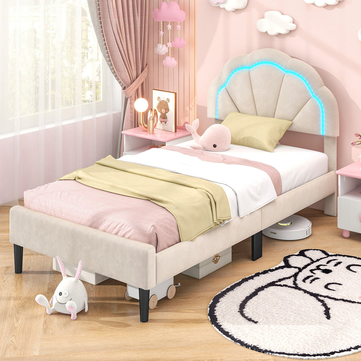 Base de cama tapizada con LED, cabecero de flores ajustable y patas de soporte de metal, tamaño doble