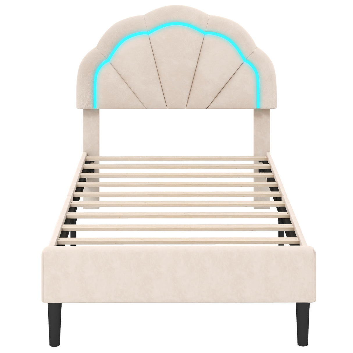 Base de cama tapizada con LED, cabecero de flores ajustable y patas de soporte de metal, tamaño doble