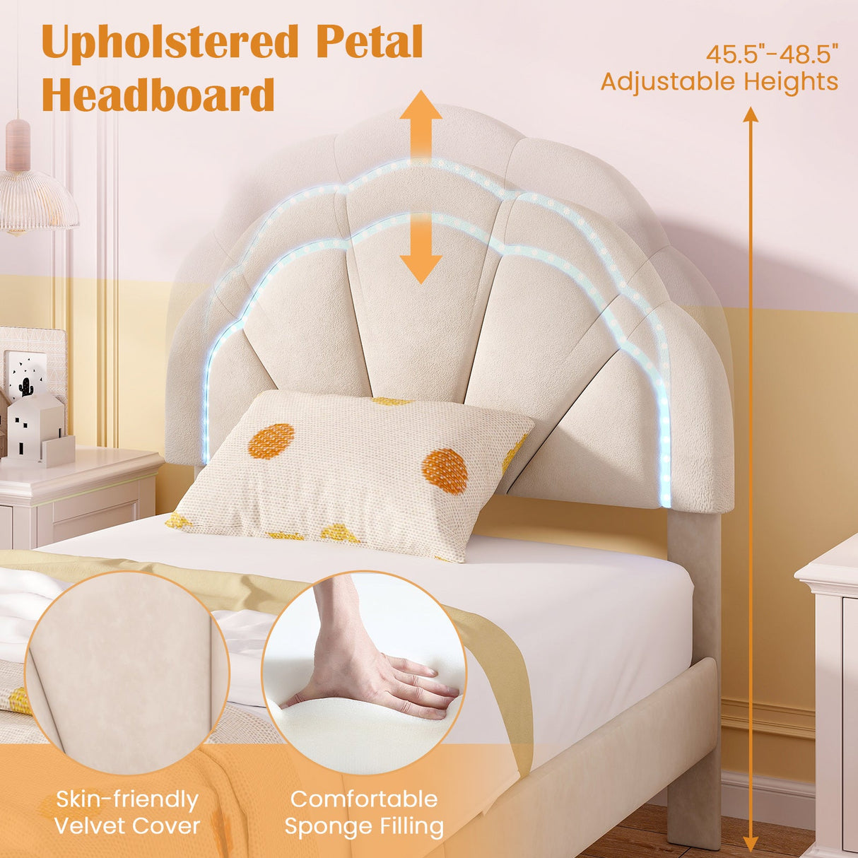 Base de cama tapizada con LED, cabecero de flores ajustable y patas de soporte de metal, tamaño doble