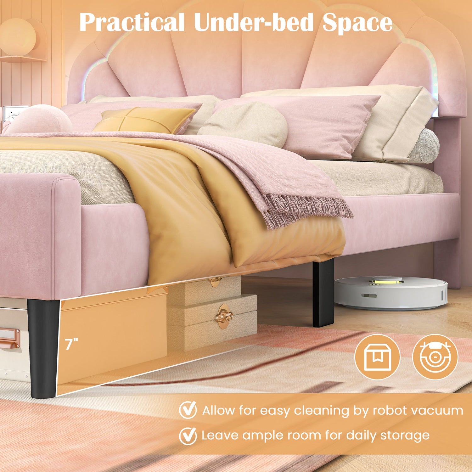 Upholstered LED Bed Frame with Adjustable Flower Headboard and Metal Support Feet Pink-Queen Size