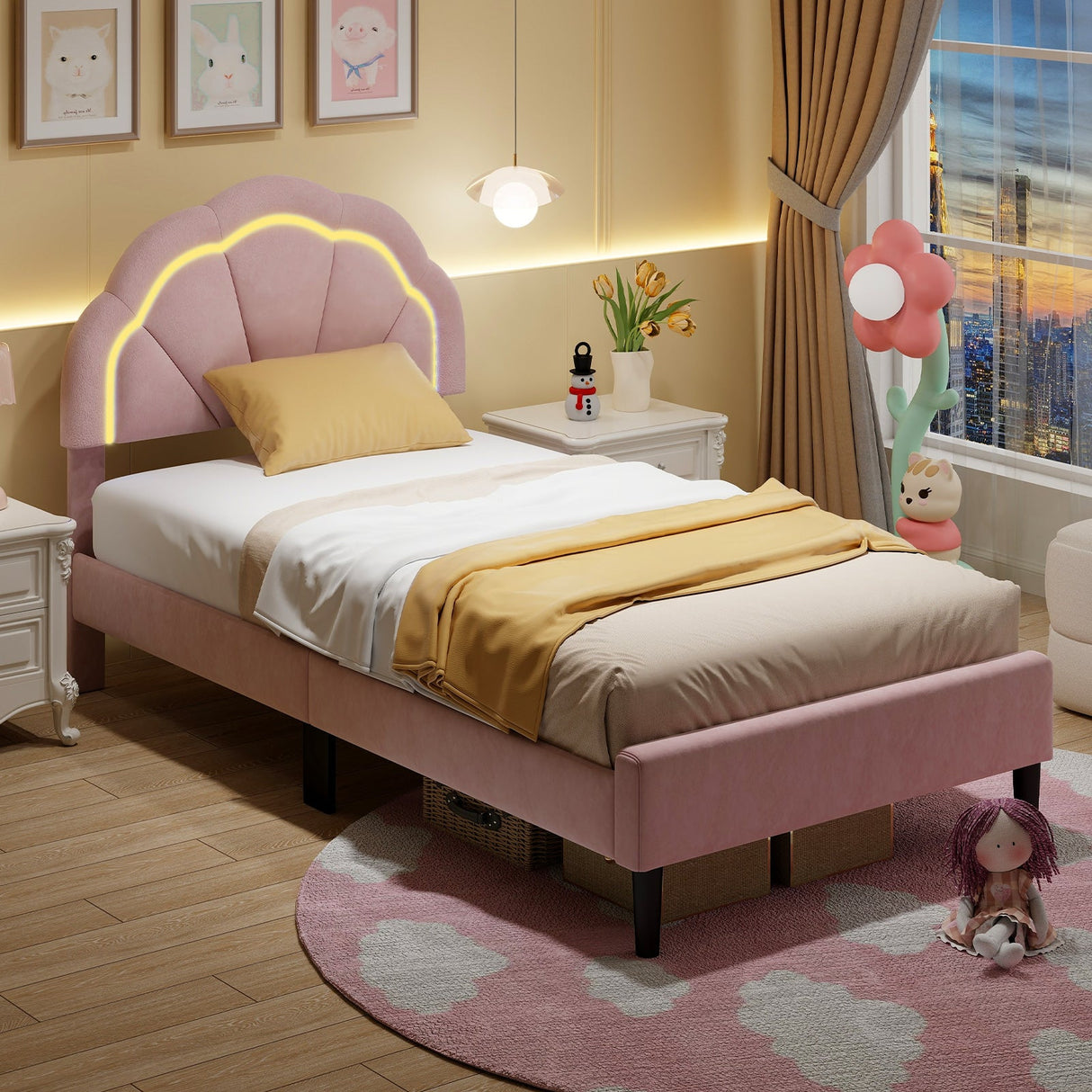 Upholstered LED Bed Frame with Adjustable Flower Headboard and Metal Support Feet Pink