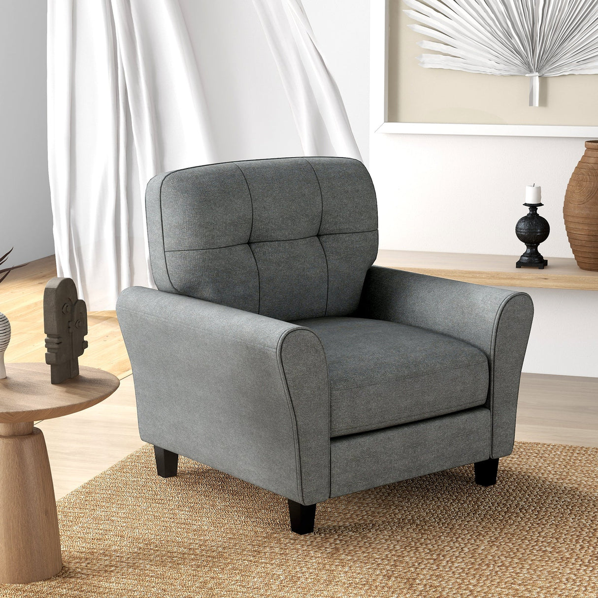 Sillón tapizado moderno con patas de madera de caucho