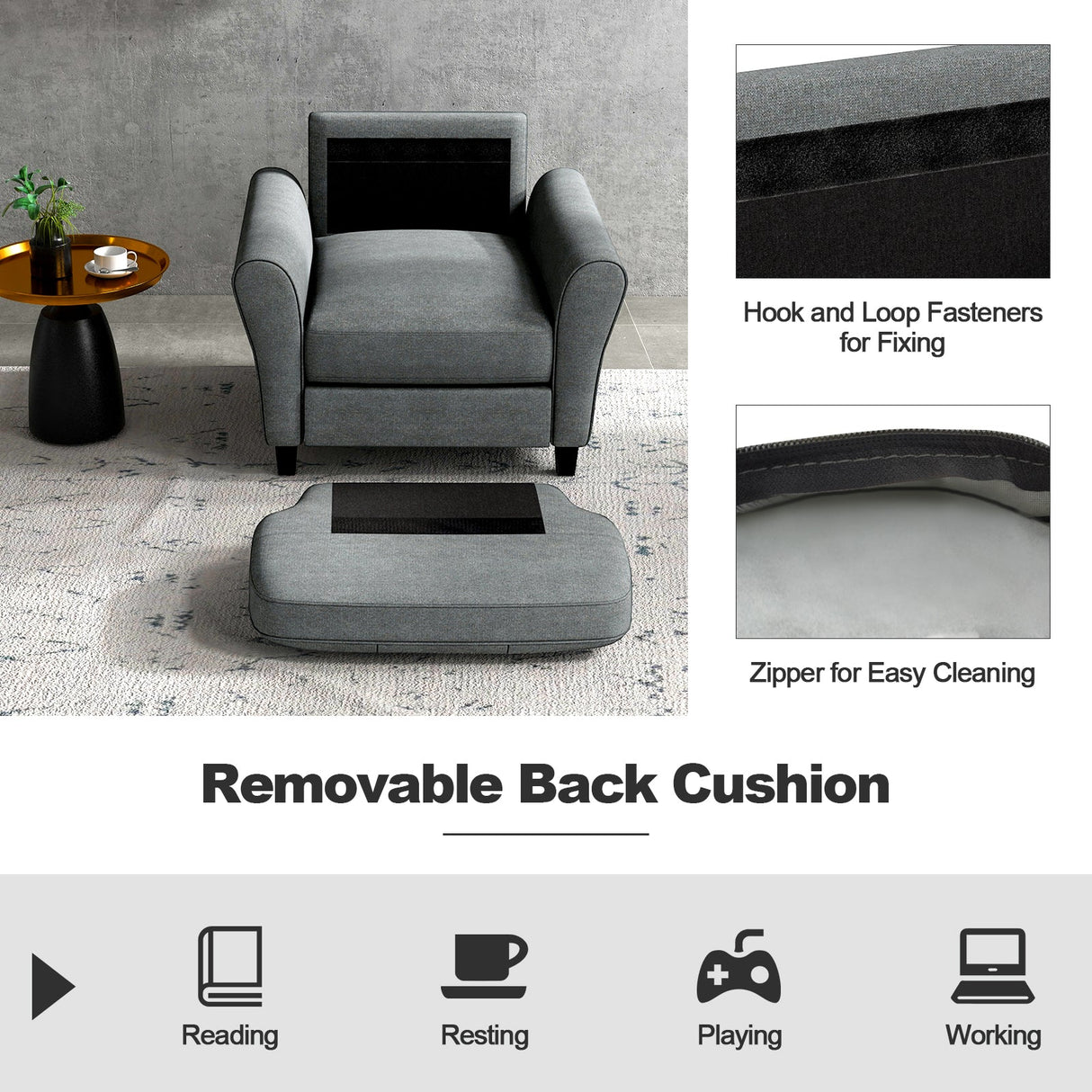 Sillón tapizado moderno con patas de madera de caucho