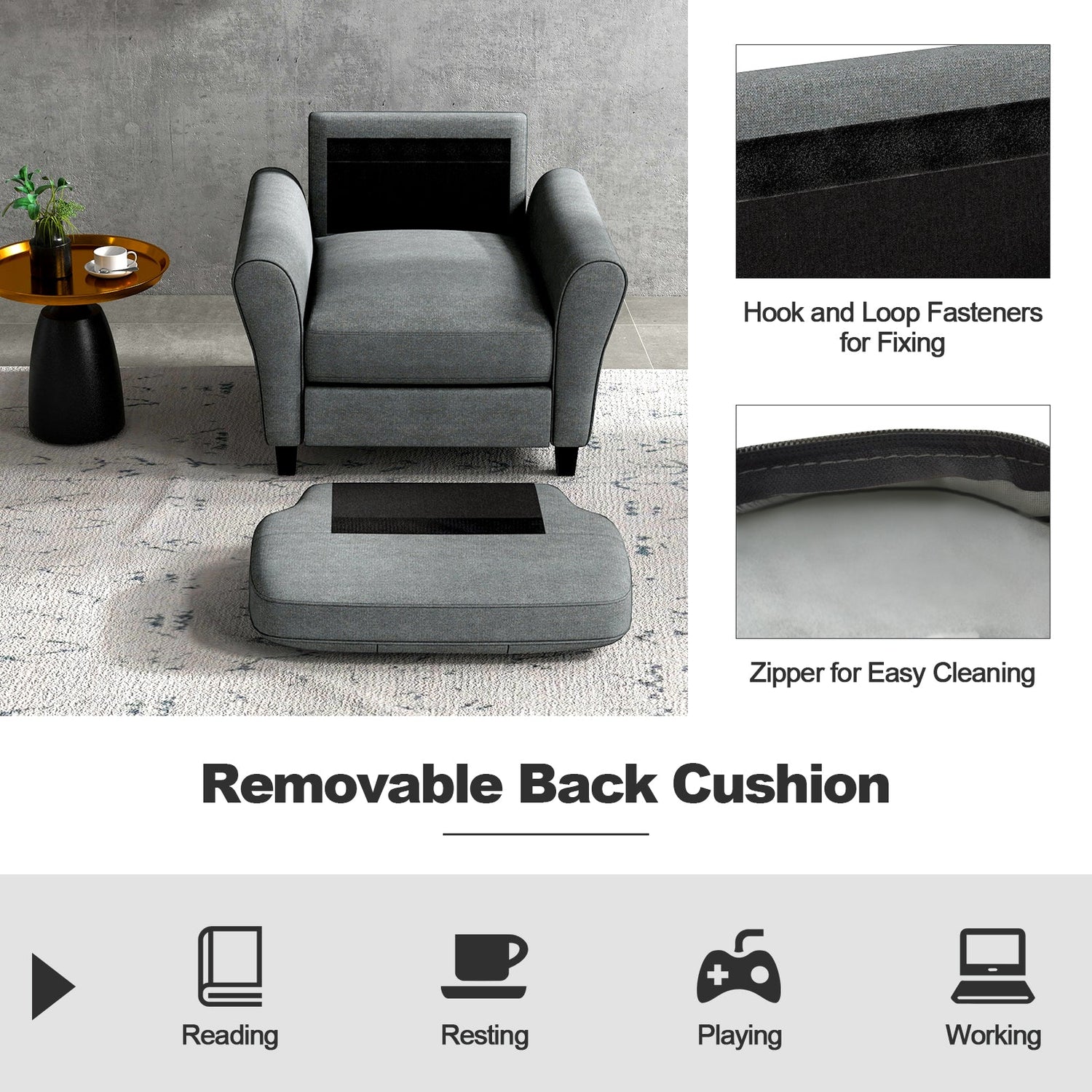 Sillón tapizado moderno con patas de madera de caucho