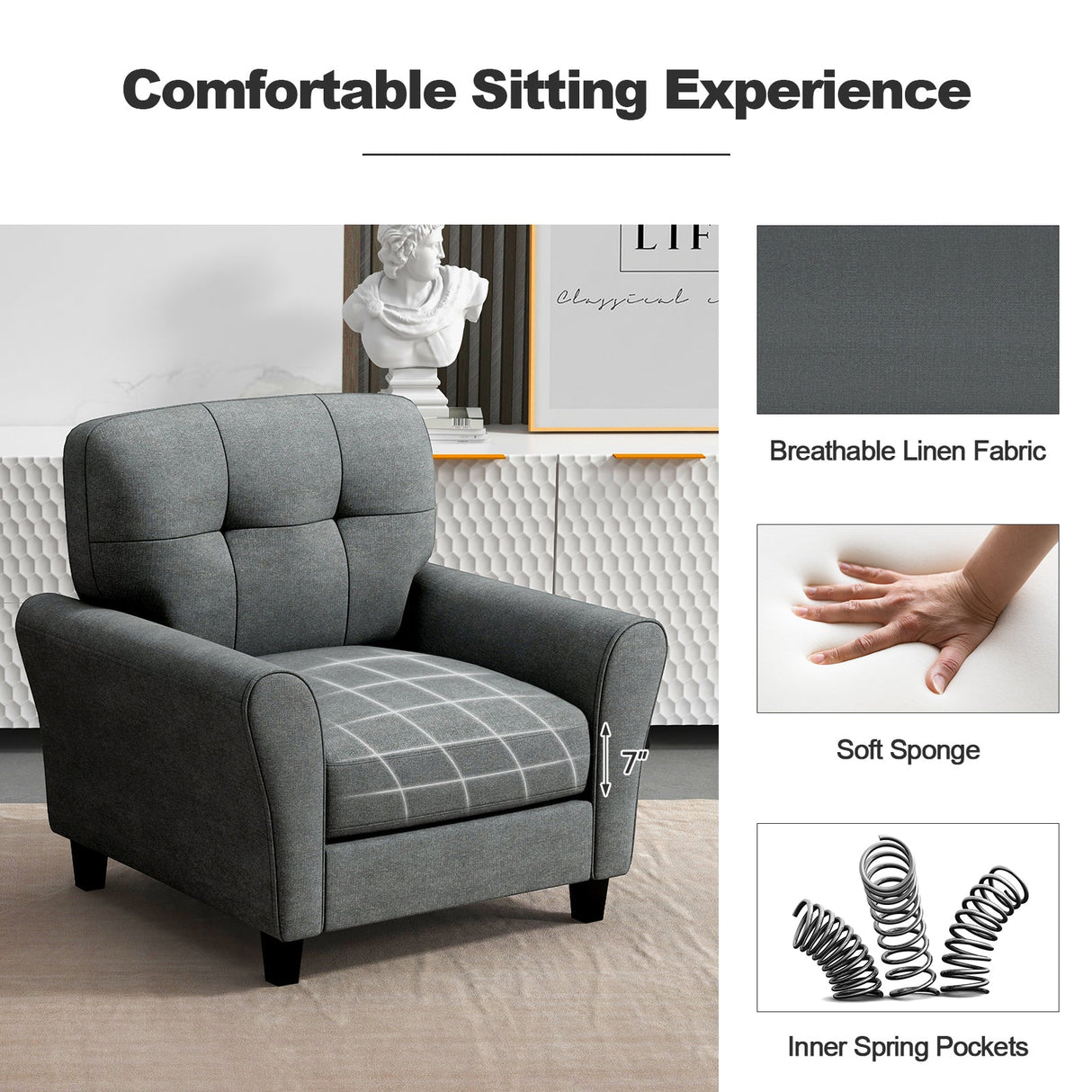 Sillón tapizado moderno con patas de madera de caucho