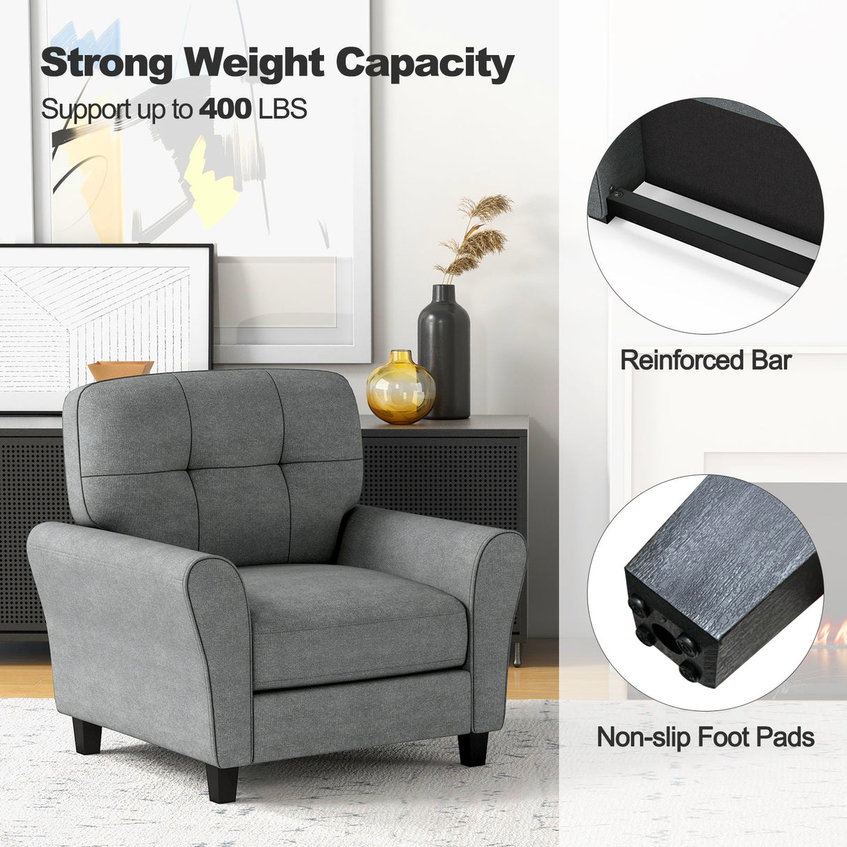 Sillón tapizado moderno con patas de madera de caucho