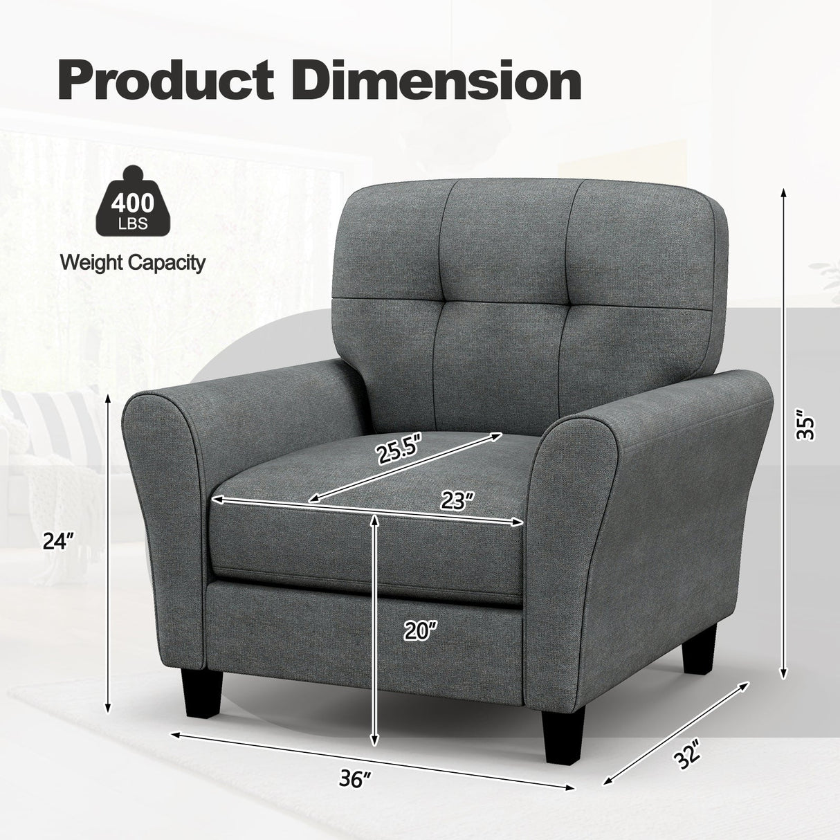 Sillón tapizado moderno con patas de madera de caucho