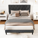Cama tapizada tipo plataforma con cabecero capitoné y listones de madera, gris