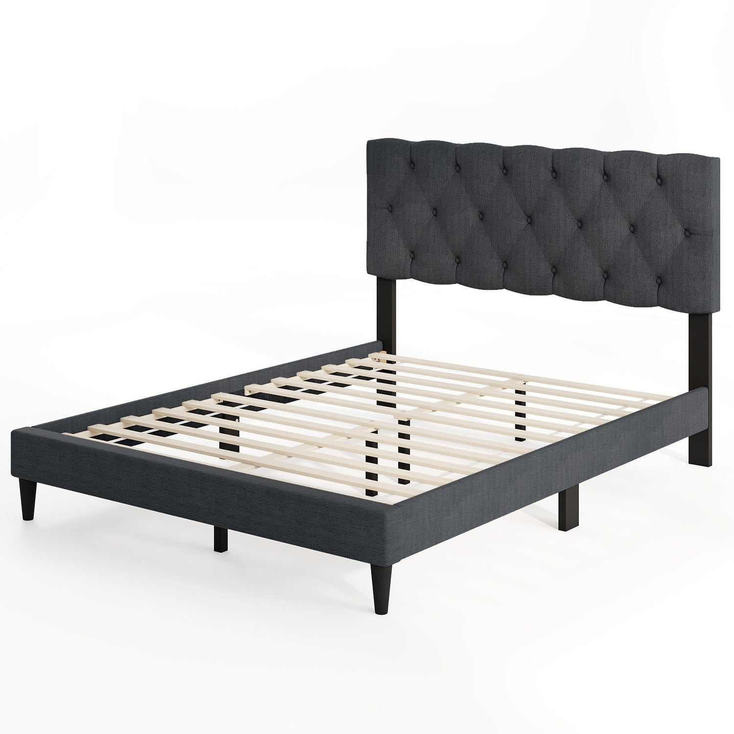 Cama tapizada tipo plataforma con cabecero capitoné y listones de madera, gris