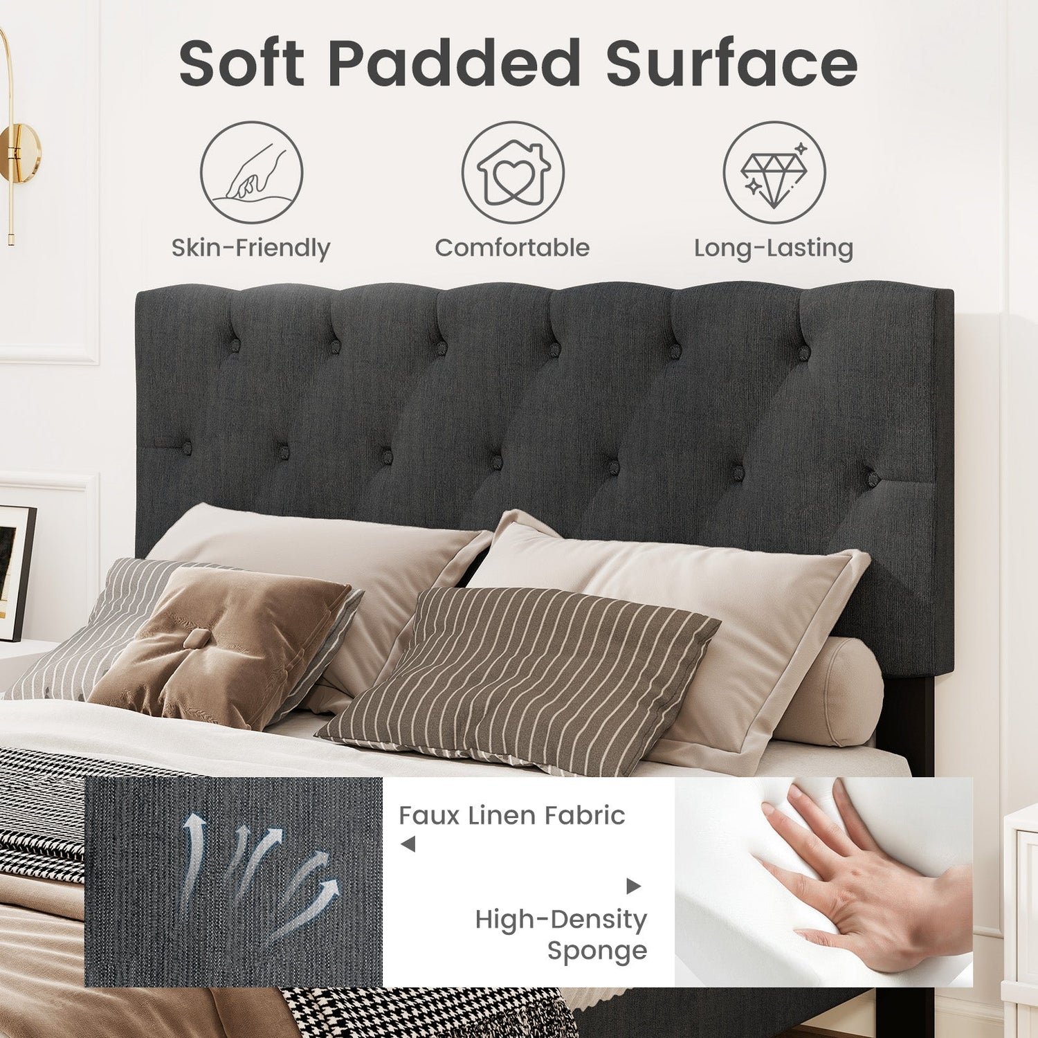 Cama tapizada tipo plataforma con cabecero capitoné y listones de madera, gris
