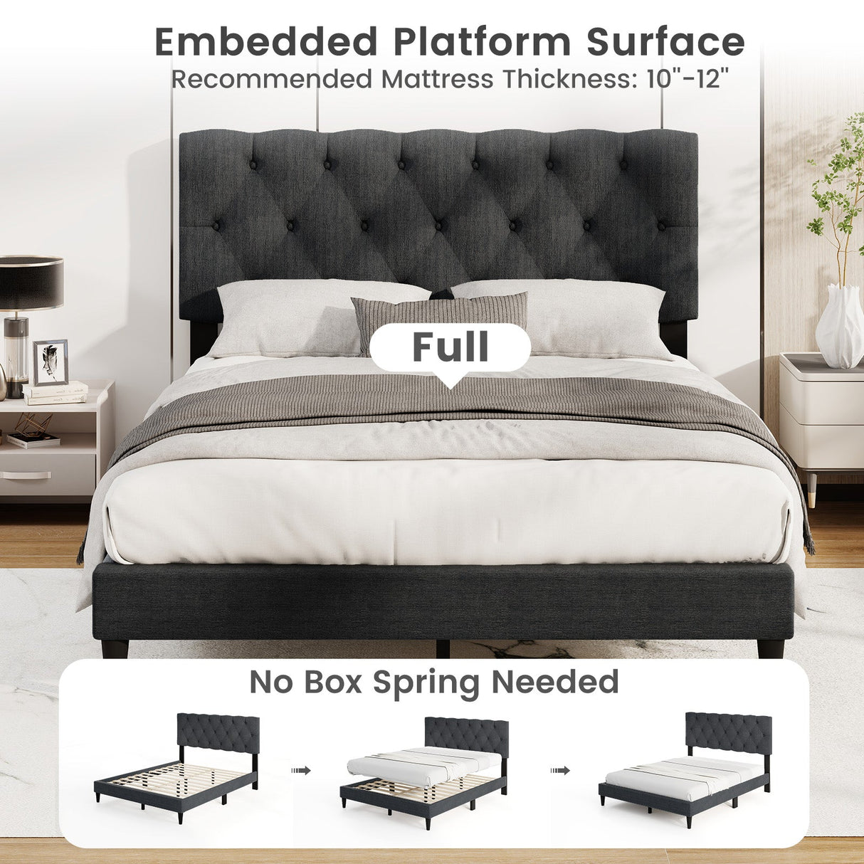 Cama tapizada tipo plataforma con cabecero capitoné y listones de madera, gris