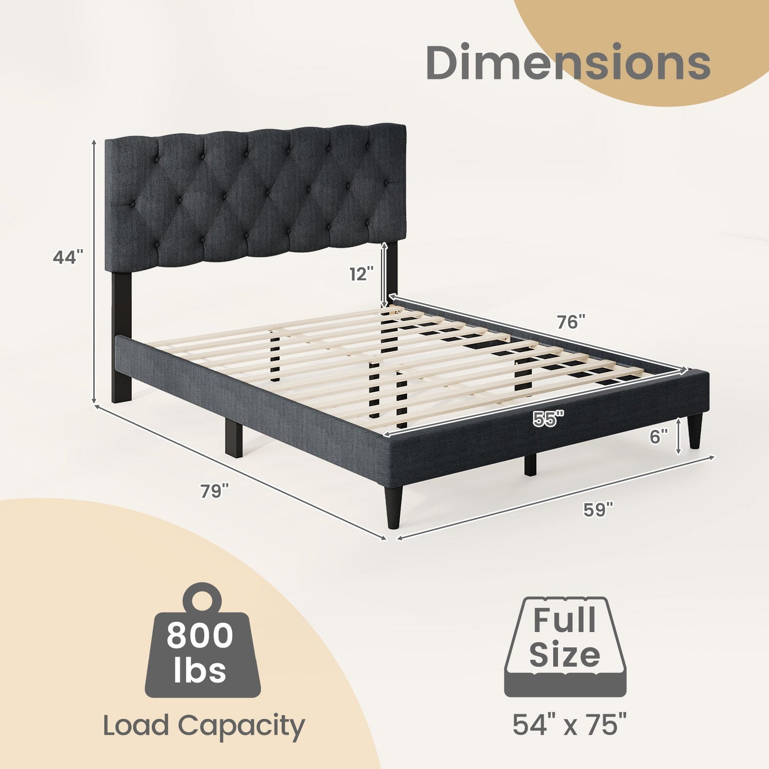 Cama tapizada tipo plataforma con cabecero capitoné y listones de madera, gris