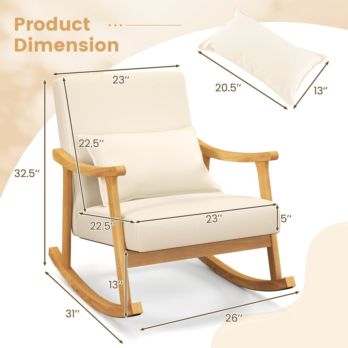 Upholstered Rocking Chair with Pillow and Rubber Wood Frame