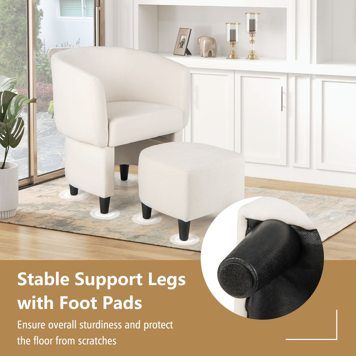 Sillón de terciopelo tapizado con otomana
