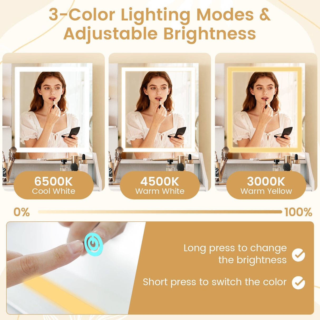 Tocador de Maquillaje con Luces LED y 3 Modos de Color - Blanco