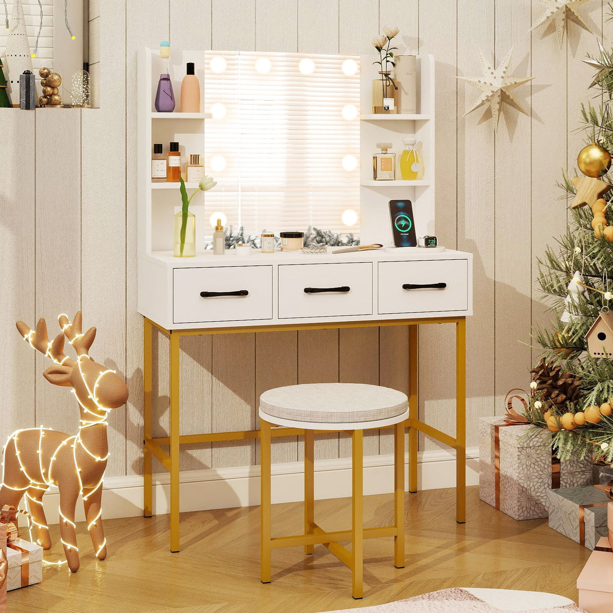 Vanity Desk with Mirror and Lights Makeup Dressing Table and Cushioned Stool Set-White