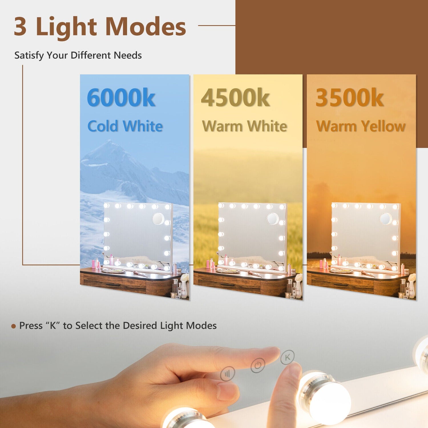 Espejo de vanidad con 18 bombillas LED regulables y 3 modos de iluminación de colores - Blanco
