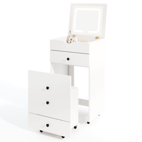 Tocador 3 en 1 con taburete acolchado y espejo elevable - Blanco