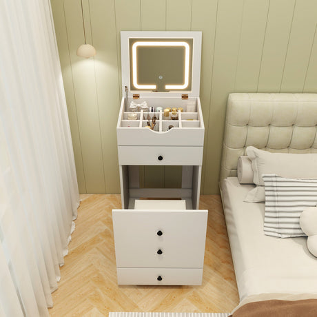 Tocador 3 en 1 con taburete acolchado y espejo elevable - Blanco