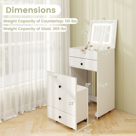 Tocador 3 en 1 con taburete acolchado y espejo elevable - Blanco