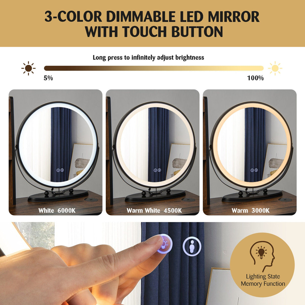 Juego de tocador con espejo iluminado de 3 colores y taburete acolchado