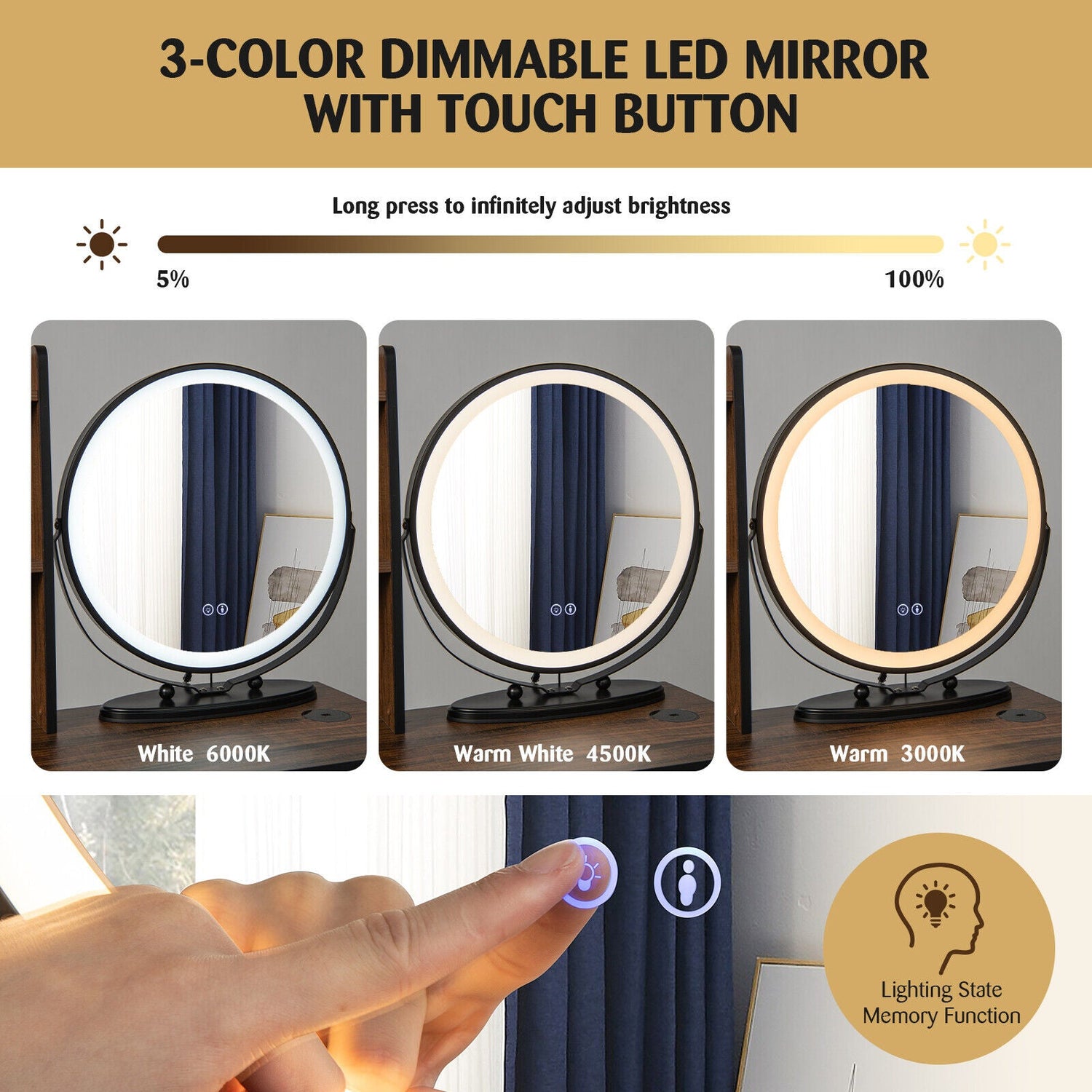 Juego de tocador con espejo iluminado de 3 colores y taburete acolchado