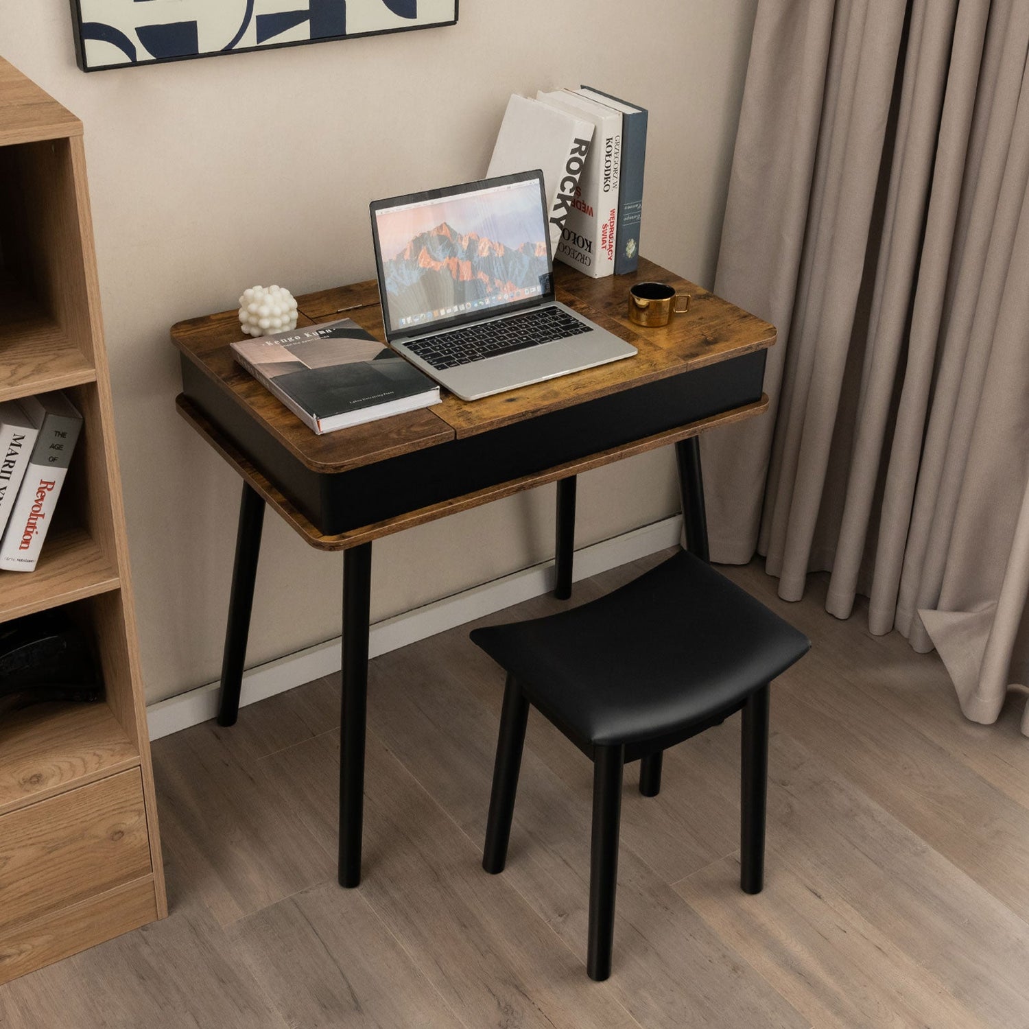 Tocador con espejo elevable, luces, USB, escritorio y taburete – Marrón