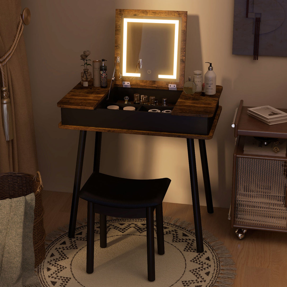 Tocador con espejo elevable, luces, USB, escritorio y taburete – Marrón
