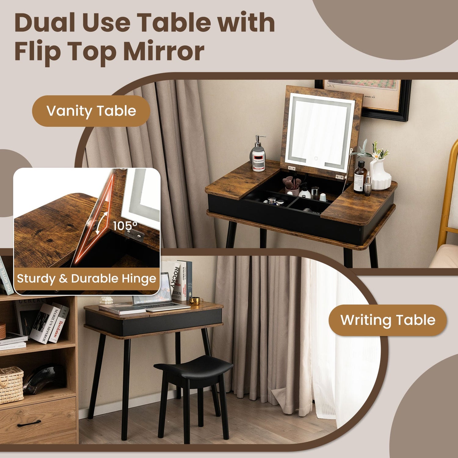 Tocador con espejo elevable, luces, USB, escritorio y taburete – Marrón