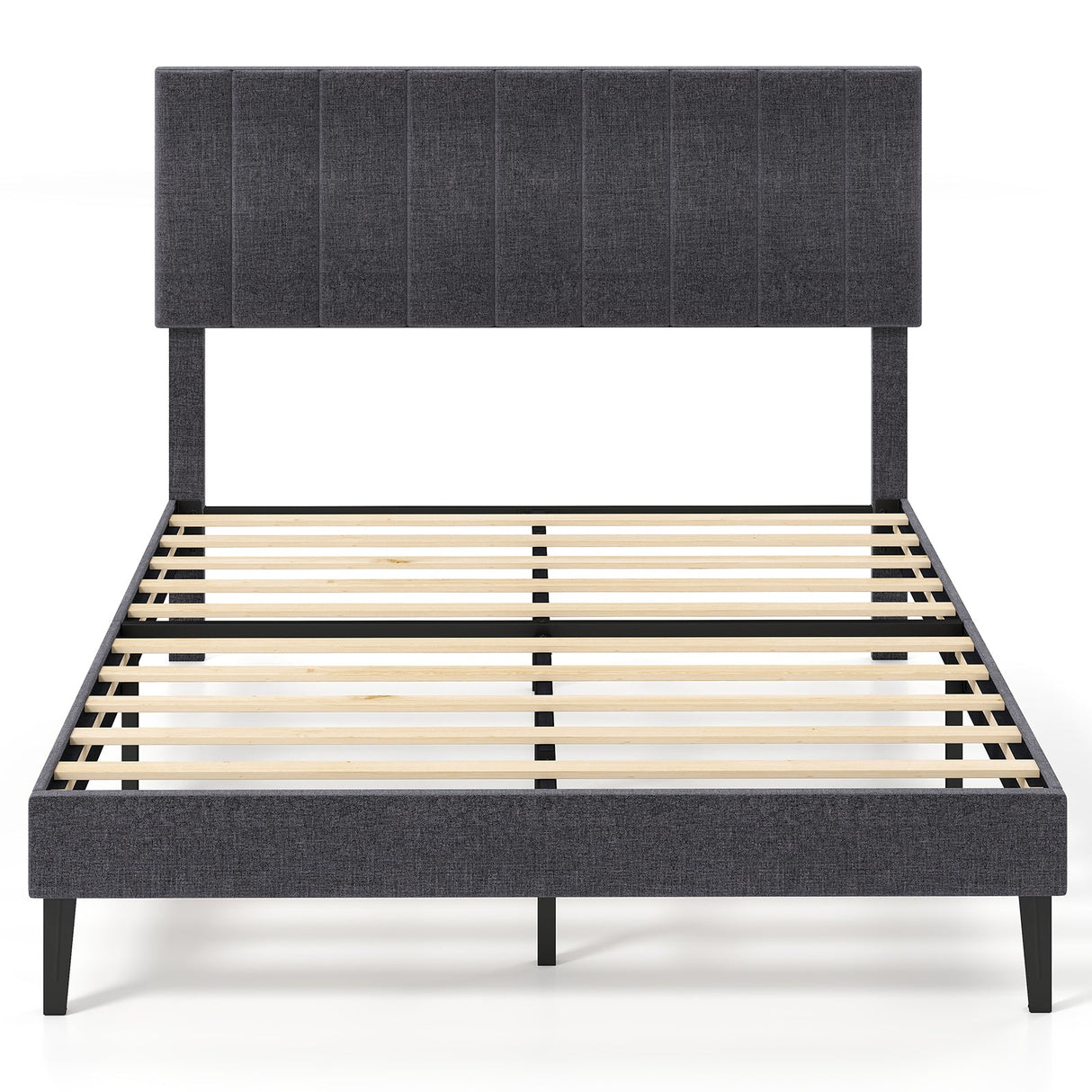 Velvet Upholstered Platform Bed with Height Adjustable Vertical Channel Headboard