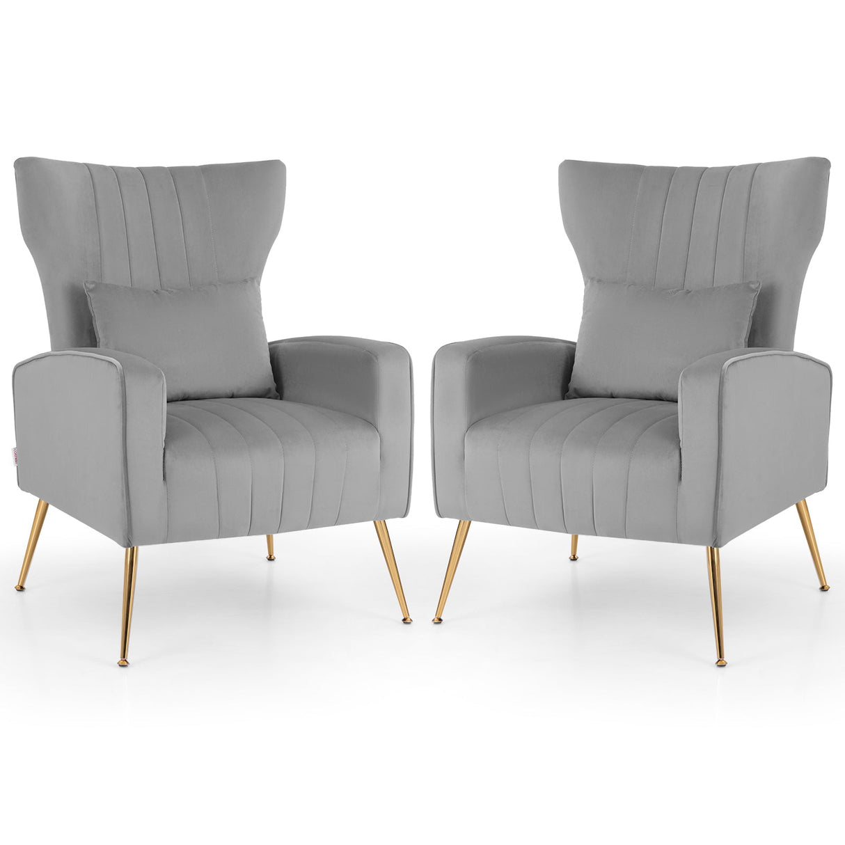 Velvet Upholstered Wingback Chair with Lumbar Pillow and Golden Metal Legs